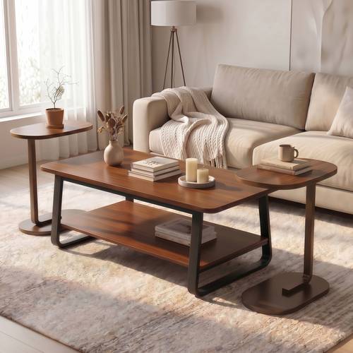 طقم طاولات متعدد القطع خشبي بإطار معدني- طاولة مركزية بطبقتين 100×60×48سم. و2 او4 طاولة حرف C جانبية 39×28×60سم.