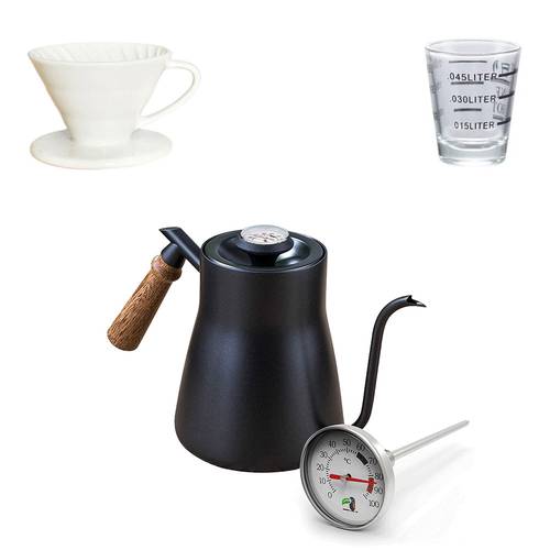 Professional Brew Tools 3-Piece Premium Coffee Set - (Coffee Pot with Built-in Thermometer and Kettle + Ceramic Espresso Dripper + Graduated Cup)