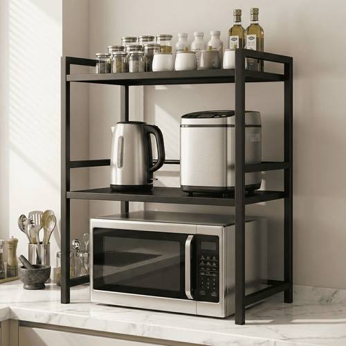 Adjustable black microwave rack (length and height), steel top rack (fixed/movable), multi-layer kitchen appliance and utensil organizer.