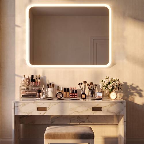 Square LED side-lighted touch-operated makeup mirror, wall mirror with three adjustable lights for bedroom and dressing table - multi-size.