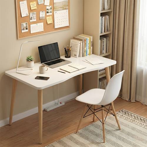Modern design desk and chair set - multi-size curved edge desk, with a plastic chair with wooden legs, for work and study - white/black.