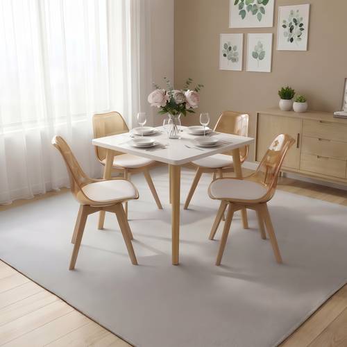 A multi-piece dining table set in various colors, a square wooden table measuring 72x80x80cm with classic-design padded chairs and wooden legs.