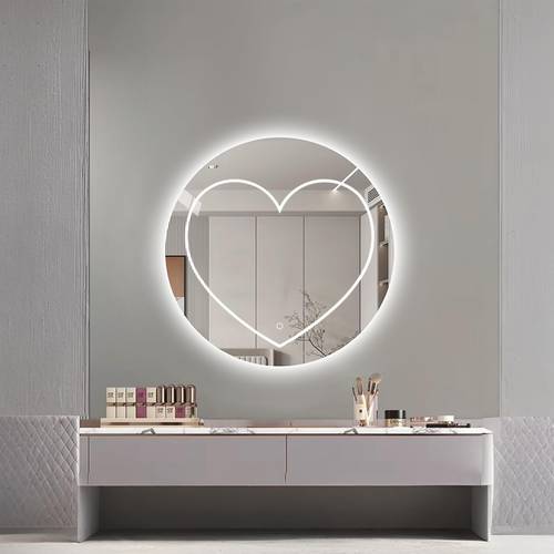 Heart Shaped LED Lighted Round Mirror, 3 Colors Light Makeup Mirror, Wall Mounted Mirror for Bathroom, Living Room, Bedroom, Entryway - Multiple Sizes