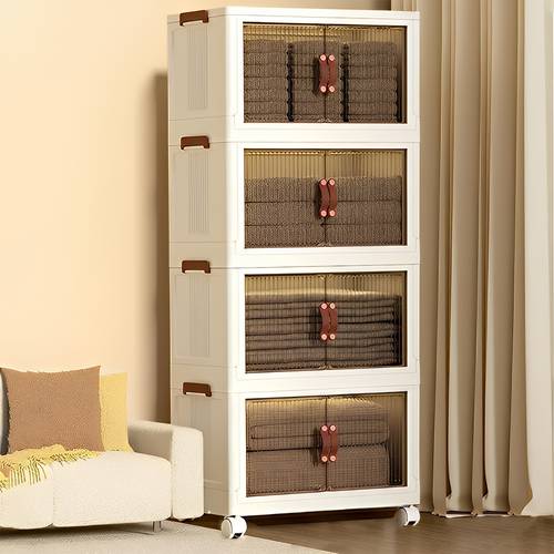 4 Layer Foldable Stackable Storage Box with Lids and Doors with Wheels Storage Containers for Office, Living Room, Home - White - Multiple Sizes