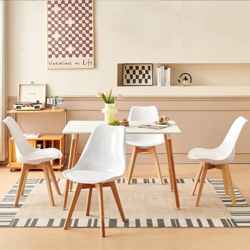 Luxurious white rectangular coffee table set (120*80*73 cm) with several attractive chairs | Chairs (padded/plain) to increase the level of comfort.