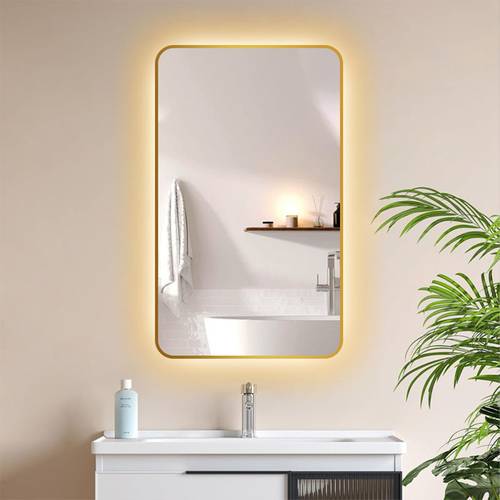 Rectangular LED Mirror with Gold Aluminum Frame Wall Mounted for Bathroom, Living Room, Bedroom, Entryway, Vanity, Hair Salon - Multiple Sizes