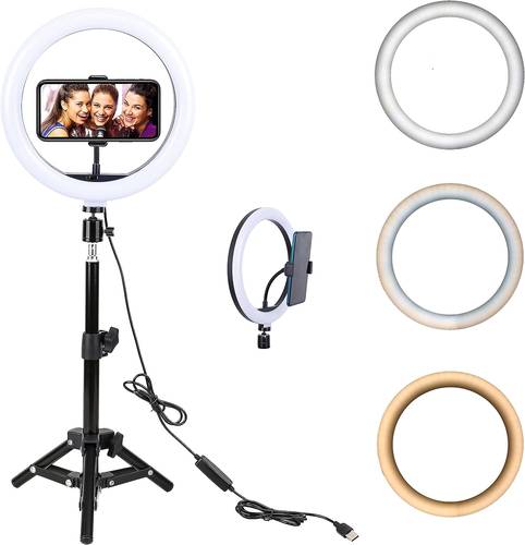 10Inch Selfie Ring Light With 210cm Tripod Stand With 3 Mobile Phone Holders Black