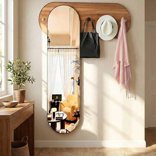Wooden wall mirror 128×48×7.5cm, with a shelf with 3 hooks for clothes and bags - modern design for rooms and hallways - multiple shapes.