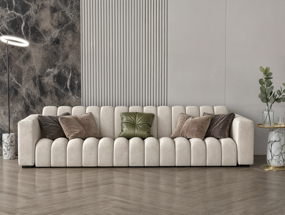 كنبة أوف وايت حليبي قماش مخمل مقاس 450x85x43 سم
