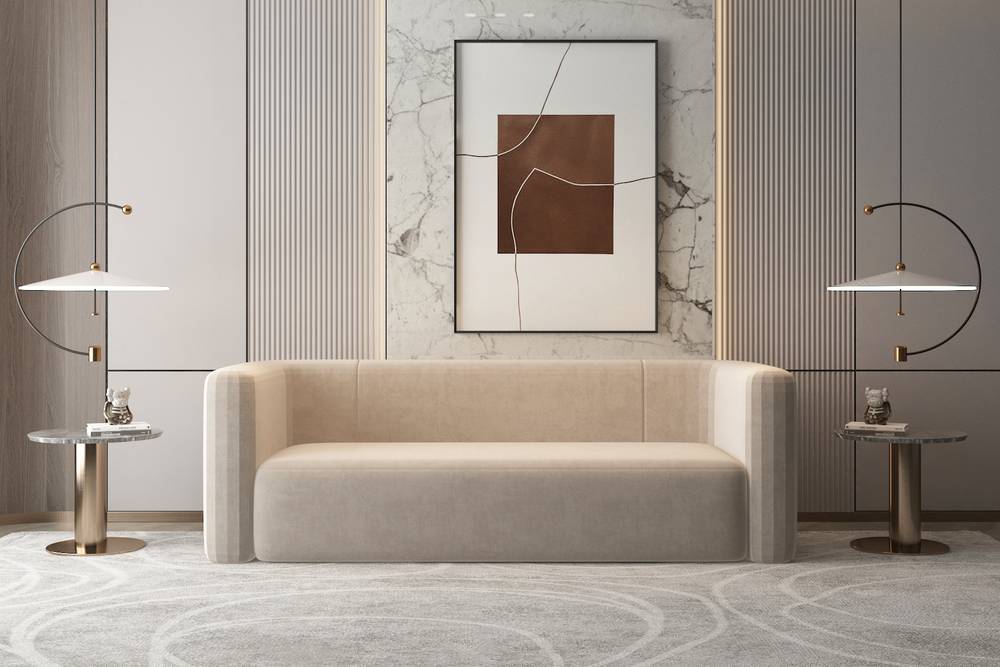 كنبة بيج فاتح قماش مخمل مقاس 225x83x40 سم