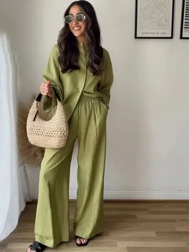 TRAFZA Women Casual Solid Blouse Pant Sets Loose Long Sleeve Lapel Shirts Elastic Waist Wide Leg Trousers Office Lady Suit
