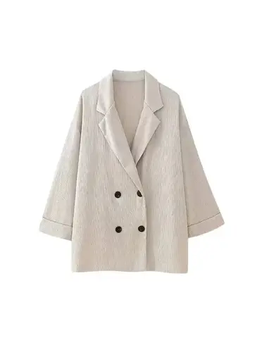Women's Double-Breasted Loose Blazer Coat and High Elastic Waist Wide Leg Pants, Female Two Piece Sets, Fashion