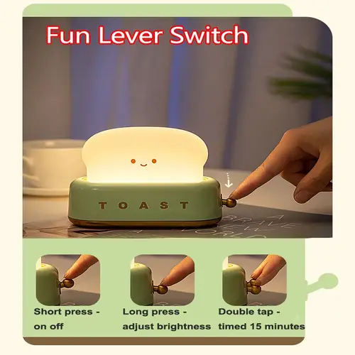 Cute Smile Face Toaster Night Light Rechargeable Dimmable Toast Shape Bedside Lamp Creative Desktop Decor Bedroom Room Gift