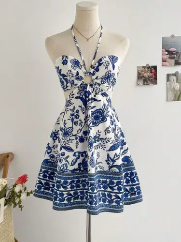 Women's Romantical Floral Print Halter Neck Sexy Fashionable Dress Easy to Create Lazy Stylish Vacation Style Dress