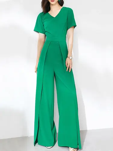 DEVCHATA Quality Elegant Women Long Jumpsuits for Girl Casual Fashion Wide Leg Pant Short Sleeves Green Vintage Party Rompers