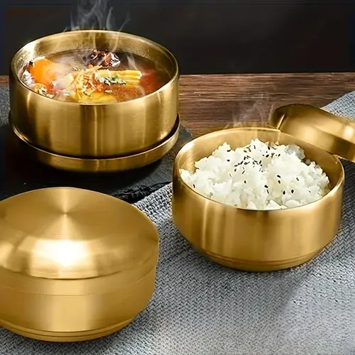 وعاء أرز فولاذ مقاوم للصدأ ذهبي مع غطاء 