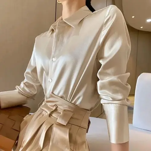 قميص نسائي ساتان بأكمام طويلة قصة ضيقة