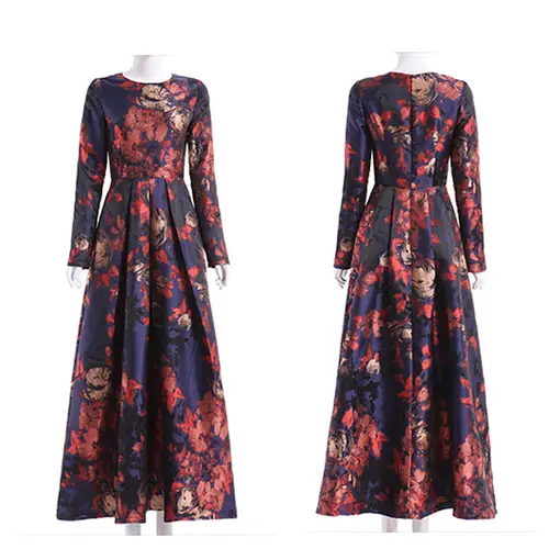 DEVCHATA Good Quality Women Long Sleeve Maxi Dress Fall Fashion Boho Floral Jacquard Ladies Elegant Vintage Party Muslim Clothes