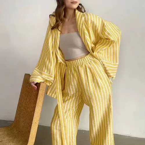 Striped Lace Up Lapel Shirt And Pants Set Loose Long Sleeve Blouses Wide Leg Pants 2 Pieces Set Women's Summer Casual Outfits