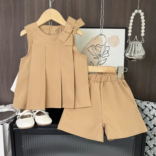 طقم ملابس بناتي صيفي 2pcs سترة بفيونكة وشورت