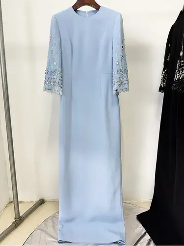 HIGH STREET Newest Fashion 2025 S/S Designer Vestido Women's Half Sleeve Stunning Beaded  Long Maxi Dress