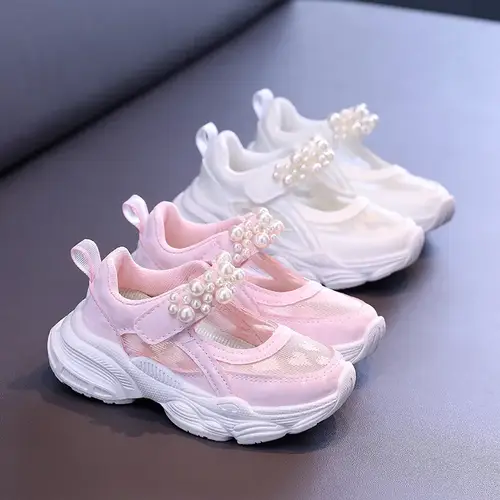 Girls Tennis Shoes Mesh Hollowed 2024 Summer New Children Solid Color Pearl Sports Shoes Kids Princess Sneakers Cute Heart