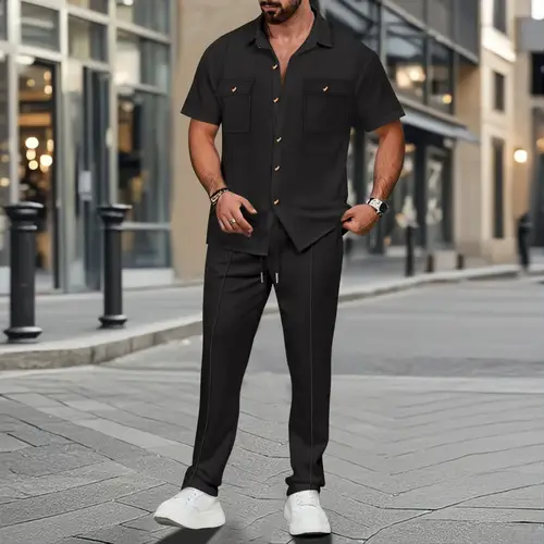 2025 Men's summer Waffle new suit button pocket shirt short sleeve trousers fashion casual breathable two-piece set