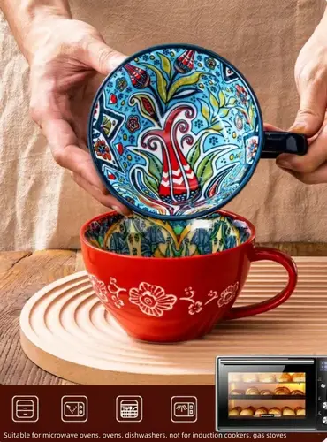 كوب قهوة وشاي سيراميك بتصميم بوهيمي 13.5 أونصة
