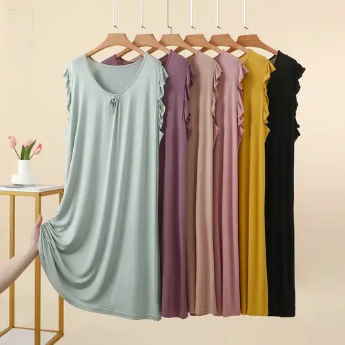 Summer Women's Modal Sleeveless V-neck Ruffle Loose plus Size Comfortable Sleepwear Casual Home Dress Outdoor A-line Midi Dress