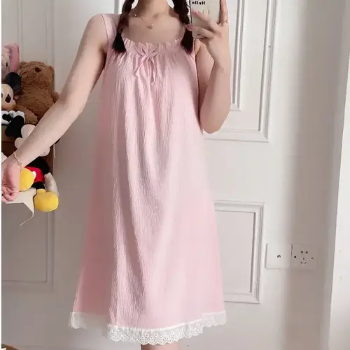 Cloud Cotton Nightgown Women's Home Clothes Summer New Style Lace Trim Solid Color Strap Sleepwear Breathable Comfortable