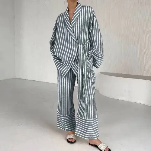 Striped Lace Up Lapel Shirt And Pants Set Loose Long Sleeve Blouses Wide Leg Pants 2 Pieces Set Women's Summer Casual Outfits