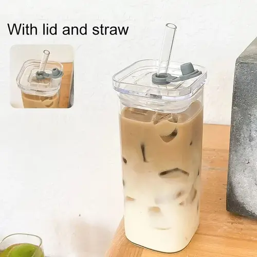 كوب زجاجي مربع مقاوم للحرارة مع غطاء ومصاصة للمشروبات hot/cold
