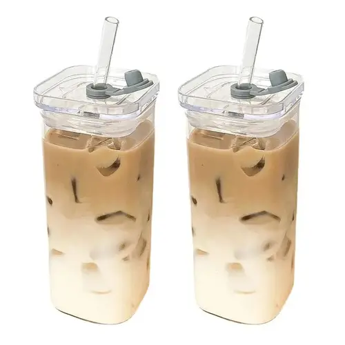 كوب زجاجي مربع مقاوم للحرارة مع غطاء ومصاصة للمشروبات hot/cold