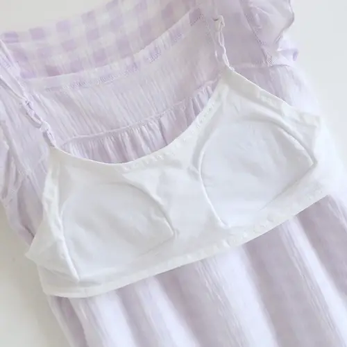 2026 Summer New Women's Sleeping Skirt Tank Top 100% Pure Cotton Large Size Loose Plaid with Chest Cushion Dress Home Fury