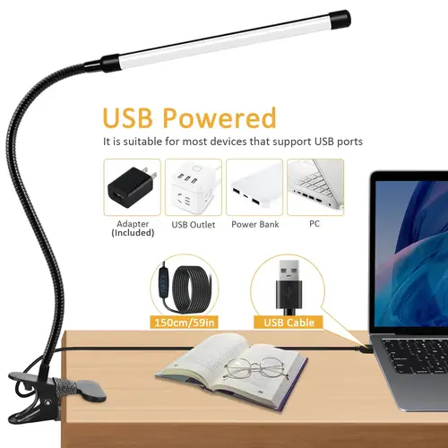 مصباح قراءة LED بمشبك 3 أوضاع و10 مستويات سطوع مع محول USB