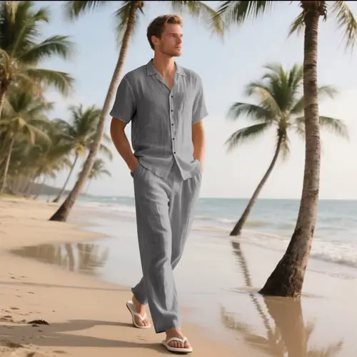 Summer 2025 Casual Linen Short-Sleeved Shirt And Long Pants Set Fashionable Beach Lapel Button Classic Outfit