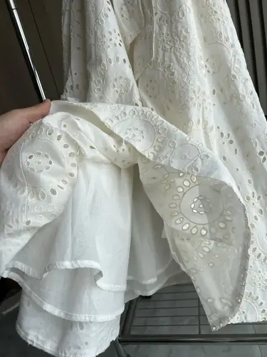 ETJ 2025 new  women's elegant fashion hollow embroidery cotton shirt lapel short-sleeved dress temperament long skirt