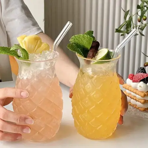 Glass Cup Pineapple Shape Coffee Mug with Straw Transparant Drinking Glass Cocktail Bar Beverages Soda Water Juice Mug Drinkware