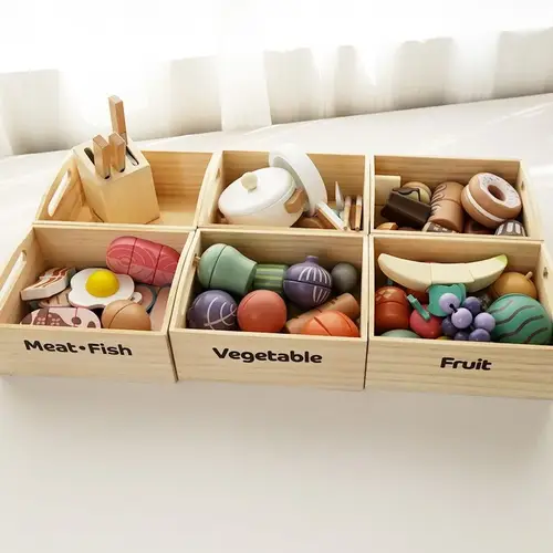 Children's wooden fruits and vegetables, joyful play at home toys, wooden simulation kitchen toys, girls cooking food