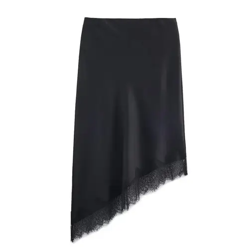 BSAY Lace Asymmetry Satin Texture Skirt Women Fashion Autumn Winter New Solid Chic Female High Waist Elegant Skirts Mujer