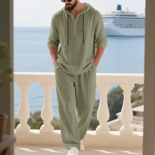 Men's Linen Hooded Sets 2 Piece Outfit Summer Casual Long Sleeve Hoodie and Wide Leg Pants Set for Men