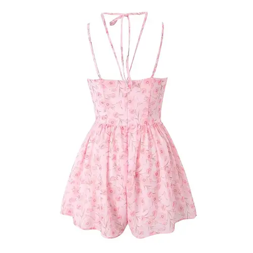 Summer Women Sexy Halter Sling Floral Print Short Jumpsuit Boho Beach Holiday Romper