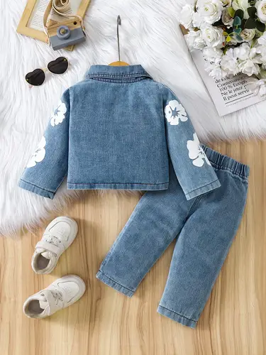 Girls Denim Floral Print Outfit Sweet Cool Casual Wear Resistant Fabric Jacket with Metal Buckle Floral Decoration Casual Style