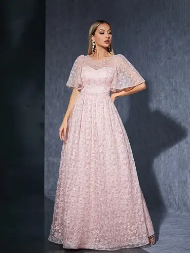 Round-neck see-through strapless short-sleeved embroidered lace high-end evening dress
