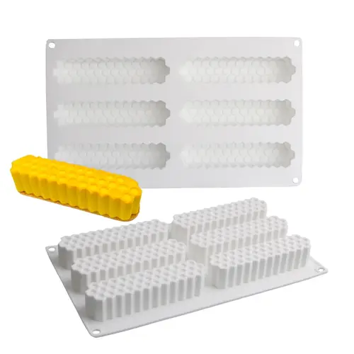 6-Cell Long Strip Honeycomb Design Silicone Mousse Cake Mold Beehive Dessert Baking Tool Plastic Pastry Cutting Mold Mousse Tray