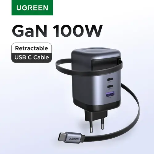 شاحن يوجرين GaN سريع بقوة 100 واط بكيبل USB-C قابل للسحب