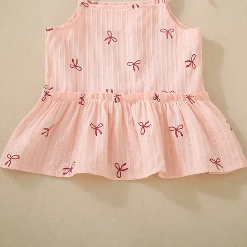 Spring and Autumn Female Infants Pink Bow Printed Suspender Skirt and Pink Trousers Two-piece Set
