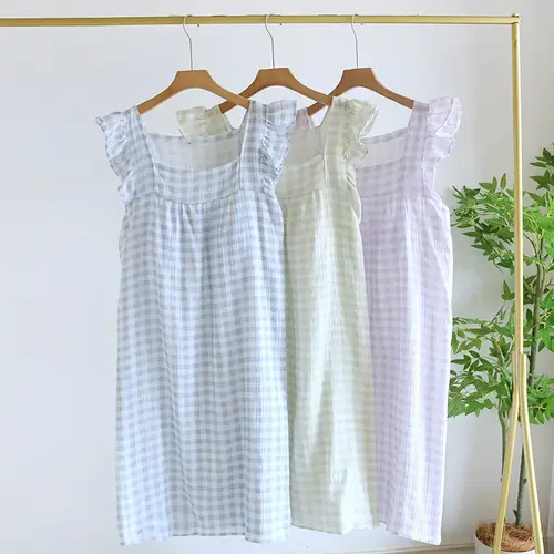 2026 Summer New Women's Sleeping Skirt Tank Top 100% Pure Cotton Large Size Loose Plaid with Chest Cushion Dress Home Fury