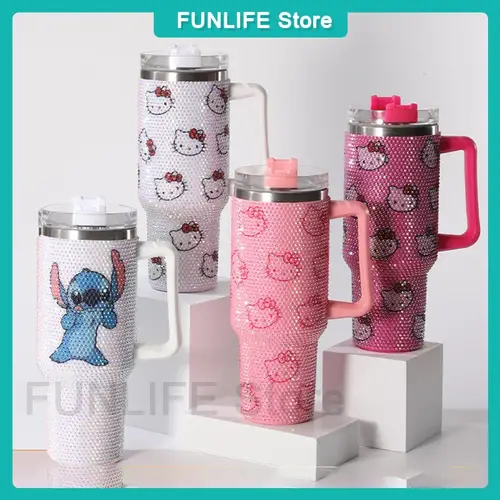 40oz Hello Kitty Cartoon Stainless Steel Cartoon Vacuum Cup Diamonds Insulated Cup Car Cup Handle Straw Large Capacity Gift