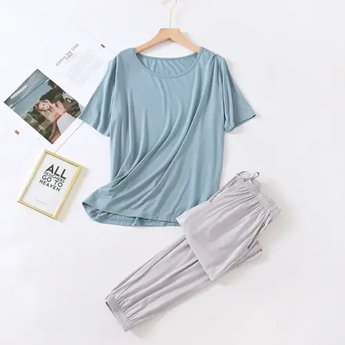 2026 spring and summer female modal pajamas two-piece short-sleeved trousers color large-size breathable casual home service set